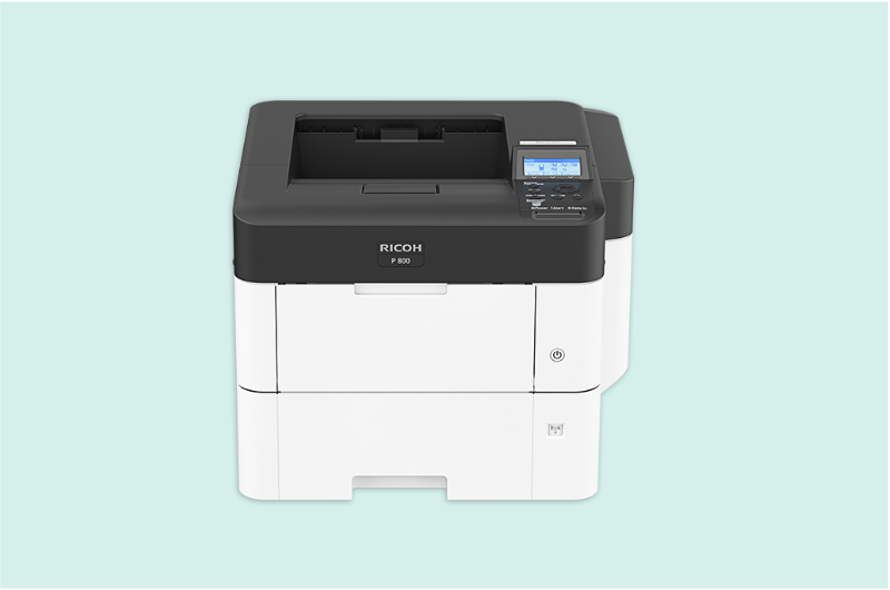 Impresora multifuncional láser moderna en color negro y gris, con pantalla táctil, bandejas de papel múltiples y diseño corporativo elegante